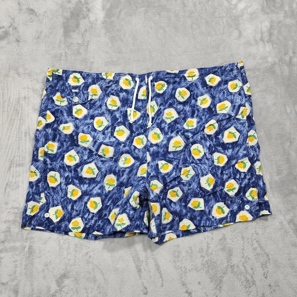 Vintage Faconnable Swim Trunks Men L Blue Floral Lemon Print Lined Pockets Beach